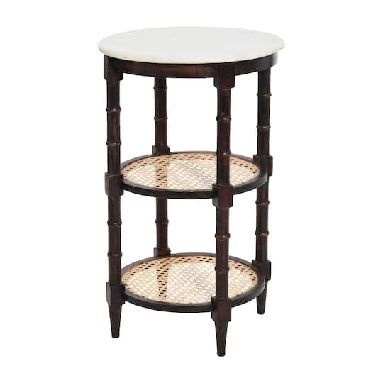 Round Solid Wood End Table with Genuine Marble Top and 2 Woven Cane Storage Shelves, Brown Stain and Natural